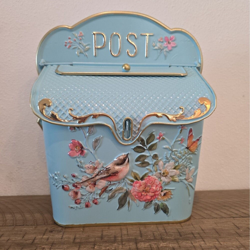 Vintage Style Blue Floral Bird Wall Mount Mailbox Post Box Gold Trim Cottagecore